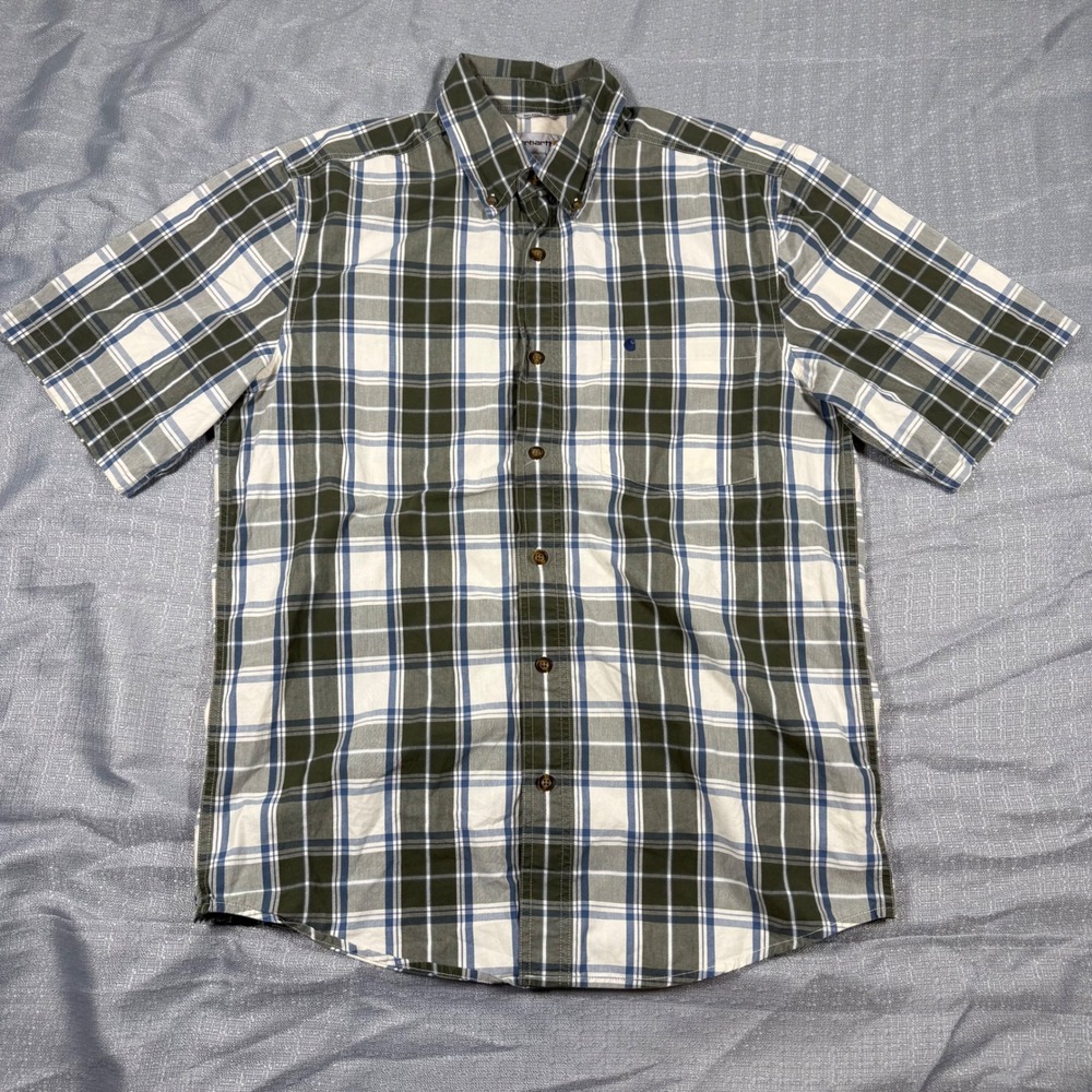 Carhartt Shirt Mens M Green Plaid Relaxed Fit Short Sleeve Button Down Workwear